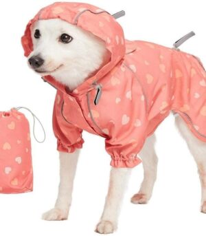12" Heart Prints Lightweight Reflective Waterproof Dog Raincoat with Hood & Harness Hole, Pink, Outdoor Rain Gear Jacket 2 Legs for Dogs
