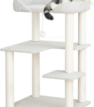 Cat Tree Tower Wooden 37.4''(95 cm), Large Cat Tree with Jump Platform & Play Ball for Indoor Cats, Ideal Cat's Climbing Frame & Playhouse (Linen Fabric Light Grey)