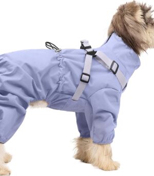 Dog Raincoat for Small Dogs, Small Dog Rain Jacket with Harness Built in, Waterproof 4 Legs Puppy Raincoats, Puppy Outdoor Jacket with Reflective Strip, Purple, XL