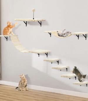 Wall-Mounted Cat Climber Set with Climbing Shelves, Perches, Bridge,Hammock,Scratching Board & Ball - 7 Pcs Wood Indoor Cat Furniture for Kittens Play (Beige)