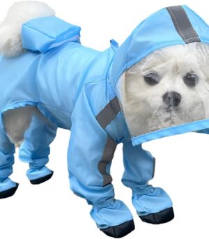 Dog Raincoat with Hood, Waterproof Full-Coverage Reflective Rain Jacket Quick-Drying Rain Poncho and Shoes for Small Medium Large Dogs,Blue,S