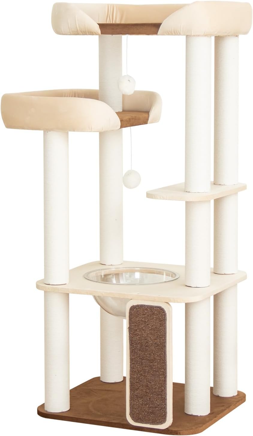 Cat Tree Tower Wooden 37.4''(95 cm), Large Cat Tree with Jump Platform & Play Ball for Indoor Cats, Ideal Cat's Climbing Frame & Playhouse (Linen Fabric Light Grey) - Image 2