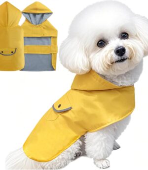Small Dog Raincoat Dogs Rain Jacket Waterproof Pet Clothes Reflective Poncho Rainwear Winter Warm Lined Pocket Hooded Leash Hole Adjustable for Puppy,Yellow,S,Back Length 8.6 Inch