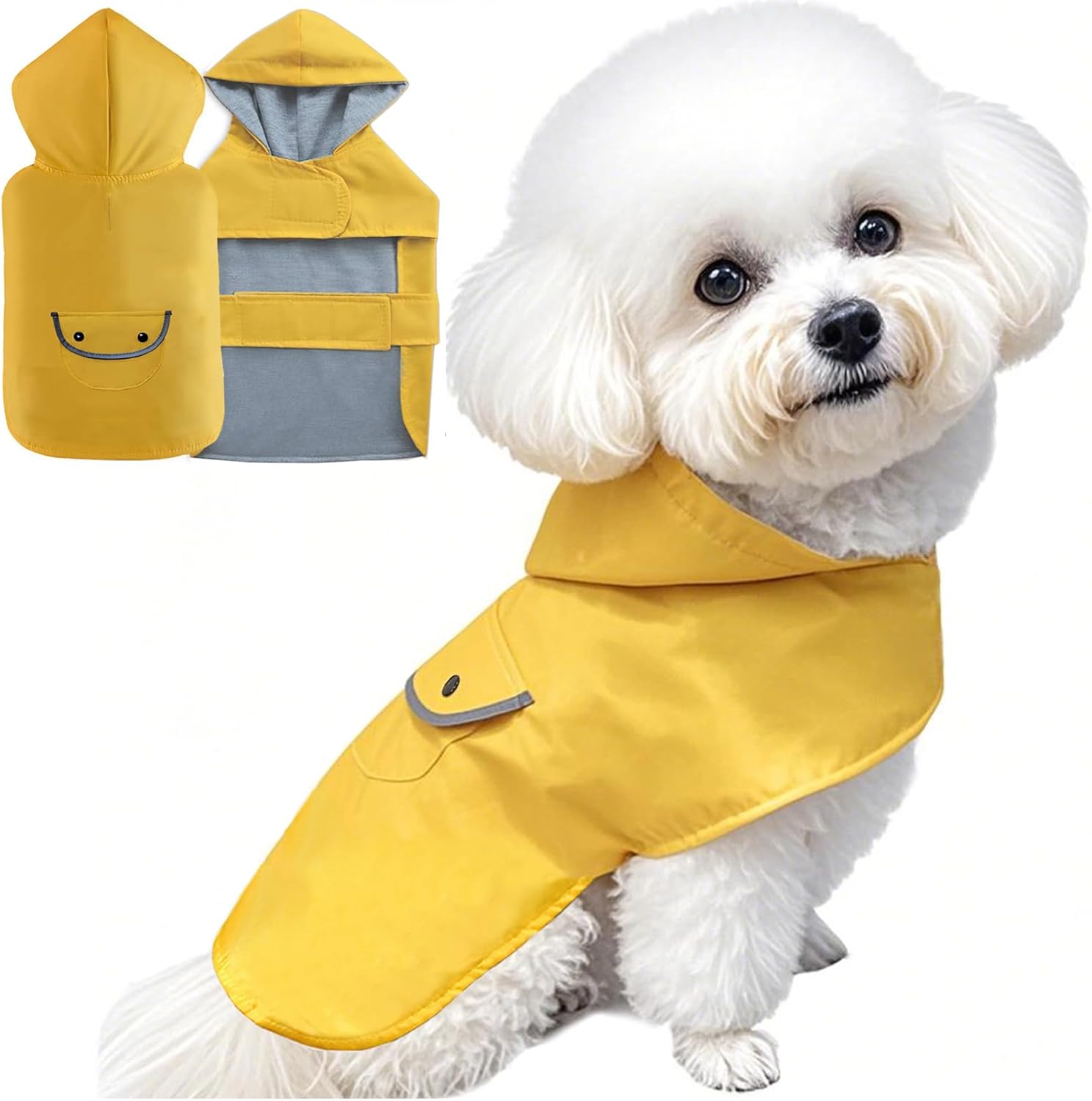 Small Dog Raincoat Dogs Rain Jacket Waterproof Pet Clothes Reflective Poncho Rainwear Winter Warm Lined Pocket Hooded Leash Hole Adjustable for Puppy,Yellow,S,Back Length 8.6 Inch