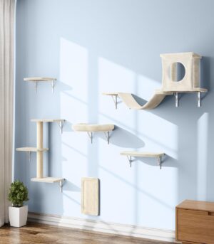 Wall Mounted Cat Climber Set, 6 Pcs Cat Furniture Set with House, Bridge, Steps, Scratcher Board and Hammock, Shelves for Indoor, Luxury Walls Furniture(Beige)