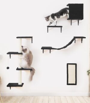 Modern Wall-Mounted Cat Furniture - 5pcs Cat Wall Shelves, Wooden Climber Includes House, Bridge, Tree, Steps, and Scratcher (Black)