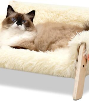 Cat Couch Bed, Pet Sofa for Indoor Cats Wooden Indoor Elevated Cat Beds with Removable Mattress Cover Suitable for Kitty, Puppy or Small Animal (Beige, Medium)