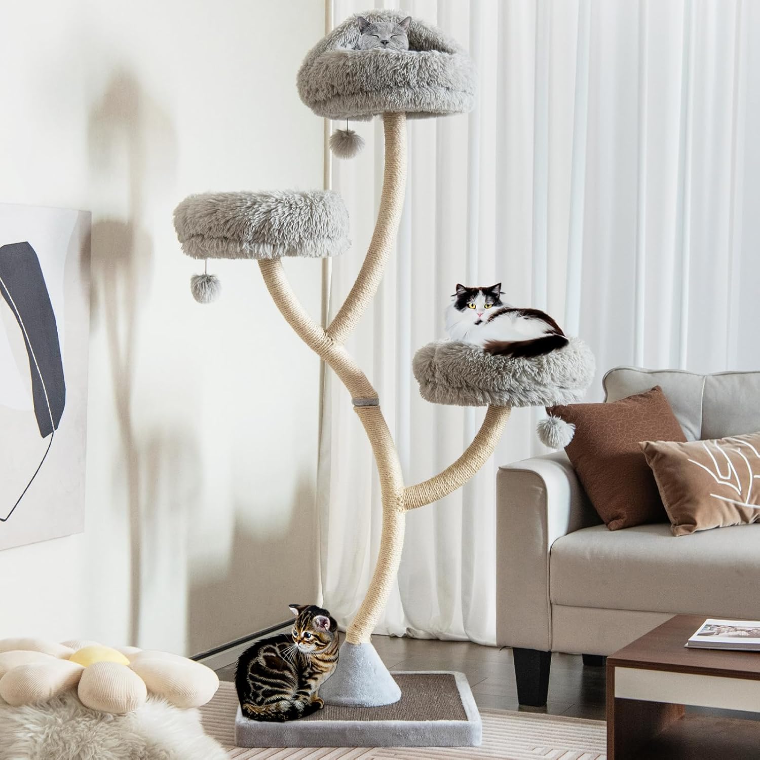 70" Tall Cat Tree, Cat Tower with Scratching Posts and Board, Multi-Level Cat Tower for Large Cats 20 lbs+ with 3 Cozy Perches and Dangling Balls, Modern Cat Tree for Indoor Cats Large Adult - Image 2