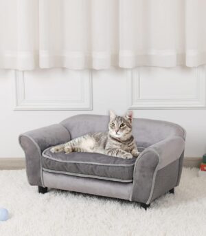 Small Dog Sofa Bed, Velvet Cat Couch,Pet Sofa with Washable Cushion & Plastic Legs (29 x 16 x 12.7 inches (Gray)