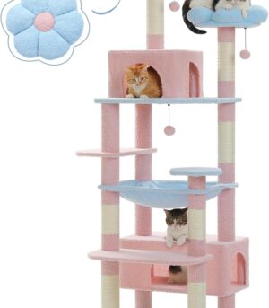 Flower Cat Tree, 72 Inches Large Cat Tower with Steel Frame Hammock and 7 Scratching Posts, Tall Cat Tree with 2 Condos and Perches for Large Indoor Cats - Blue