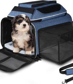 Top and Side Expandable Pet Carrier 18x11x11 Inches Delta United Airline Approved, Soft-Sided Carrier for Small Cats and Dogs with Locking Safety Zippers and Anti-Scratch Mesh(Blue)