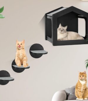 Cat Wall Shelves and Perches - House Fit for Cats Up to 25Lbs, 1 Condo and 3 Large Steps With Scratching Pad, Climbing Shelf for Indoor, Furniture