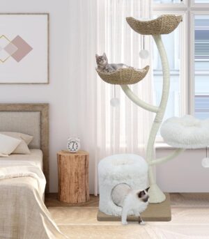 63” Tall Cat Tree Tower for Indoor Cats, Multi-Level Large Cat Climbing Furniture with Scratching Posts, Soft Perch, Cozy Cave, and Hanging Toys, Sturdy Design for Multi-Cat Households