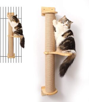 Cat Activity Tree with Scratching Posts, Wall Mounted Jute Scratcher Pine Hammock