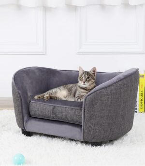 Pet Sofa Bed, Velvet & Linen Fabric Dog Couch with Washable Cushion for Small Dog Cat Gray (Gray)