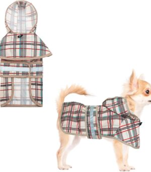 Dog Raincoat Hooded Slicker Poncho with Leash Hole, Raincoat for Small Medium Dogs, Waterproof Doggie Rain Jacket with Reflective Strip, Adjustable Breathable Plaid Puppy Rainwear,Beige S