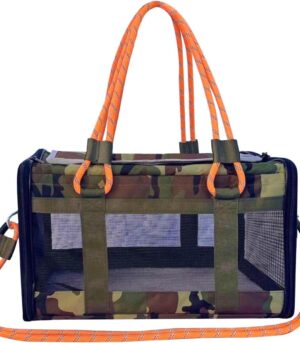 Airline-Approved Pet Carrier — Designed specifically for small dogs and cats, featuring a soft-sided structure that meets airline standards and fits conveniently under a seat. It also doubles as a versatile travel bag or gym bag. Suitable for pets weighing up to 20 lbs and includes an interior safety leash. Features a stylish Camouflage Orange color scheme; lightweight and easy to carry. (Camouflage Orange Model)