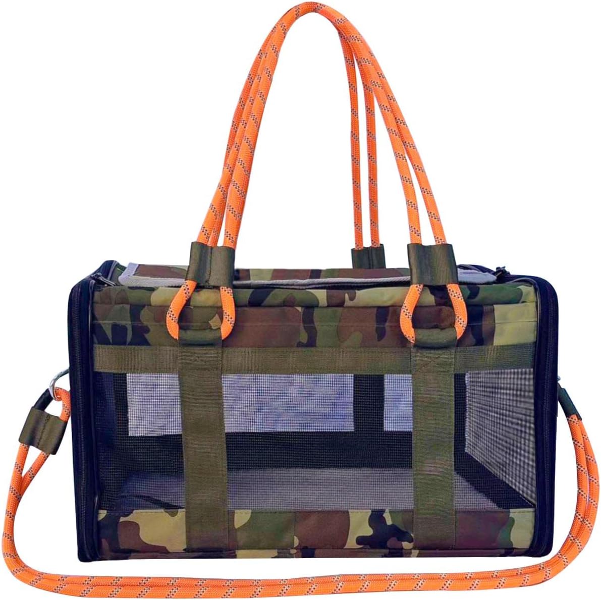 Airline-Approved Pet Carrier — Designed specifically for small dogs and cats, featuring a soft-sided structure that meets airline standards and fits conveniently under a seat. It also doubles as a versatile travel bag or gym bag. Suitable for pets weighing up to 20 lbs and includes an interior safety leash. Features a stylish Camouflage Orange color scheme; lightweight and easy to carry. (Camouflage Orange Model)