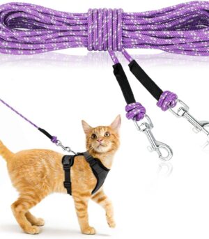 Reflective Cat Long Leash - 15 FT Escape Proof Walking Leads Yard Long Leash Durable Safe Personalized Extender Leash Traning Play Outdoor for Kitten, Puppy, Rabbit and Small Animals(Purple-S)