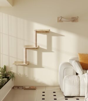 Cat Wall Shelves, Wooden Cat Wall Furniture with Condo, Scratching Post with 3 Steps, Hammock, Wall-Mounted Furniture for Kittens