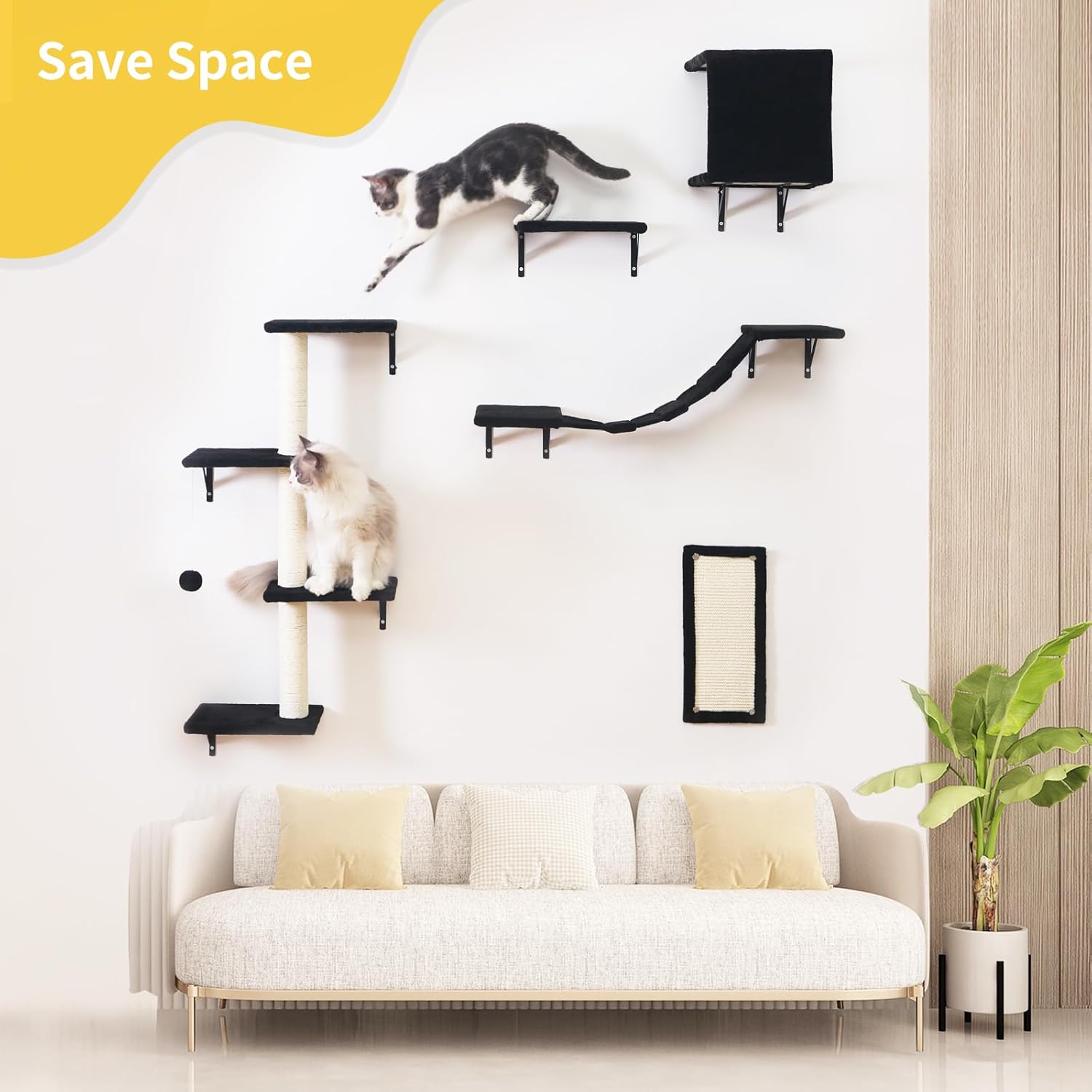 Modern Wall-Mounted Cat Furniture - 5pcs Cat Wall Shelves, Wooden Climber Includes House, Bridge, Tree, Steps, and Scratcher (Black) - Image 2