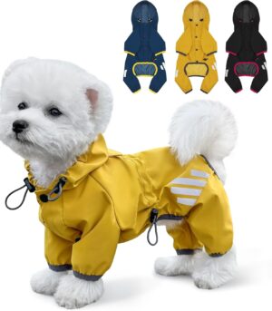 Dog Raincoat, Waterproof Dog Rain Jacket with Hood, Rain Coat with Leash Hole, Reflective Strap for Small Medium Dogs, Lightweight Puppy Clothes(Yellow,M)