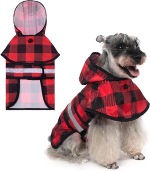 Dog Raincoat Hooded Slicker Poncho with Leash Hole, Christmas Red Plaid Raincoat for Small Medium Dogs, Waterproof Dog Rain Jacket with Reflective Strip, Adjustable Breathable Puppy Rainwear