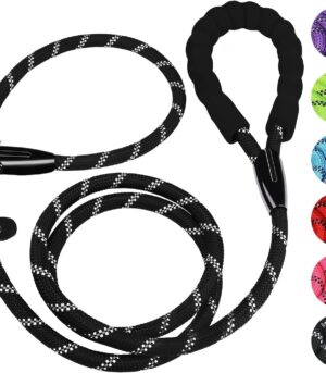 Dog Leash, 6 FT Heavy Duty Dog Leashes, Durable Premium Quality Strong Rope Slip Leash with Comfortable Padded Handle and Highly Reflective Threads for Small Medium and Large Dogs, (Black)