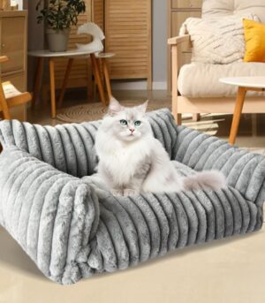 Cat Couch Bed for Pets, Washable Small Dog & Cat Beds for Indoor Cats, Soft Corduroy Plush, Fluffy Cute Cat Sofa Bed with Removable Cover, Cat Chair for Small Dog & Cat, 24inch, Grey
