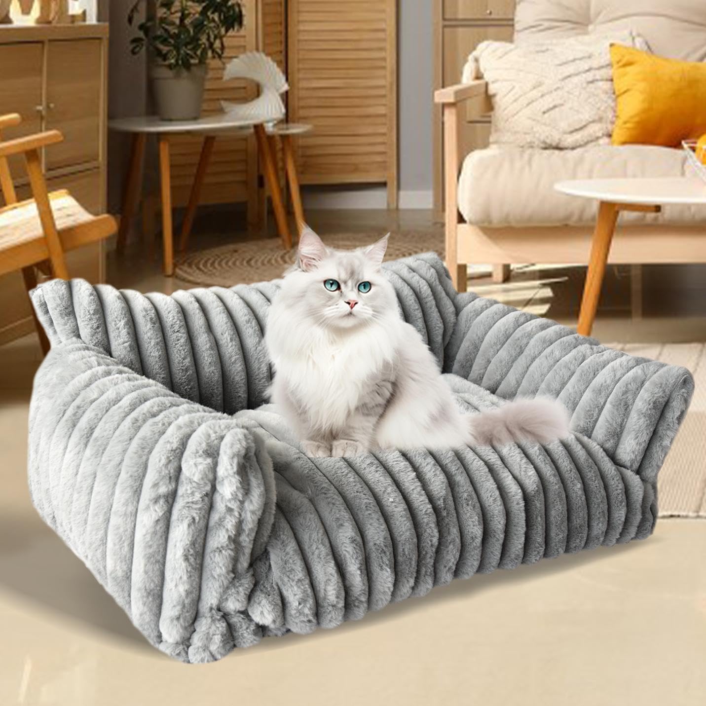 Cat Couch Bed for Pets, Washable Small Dog & Cat Beds for Indoor Cats, Soft Corduroy Plush, Fluffy Cute Cat Sofa Bed with Removable Cover, Cat Chair for Small Dog & Cat, 24inch, Grey