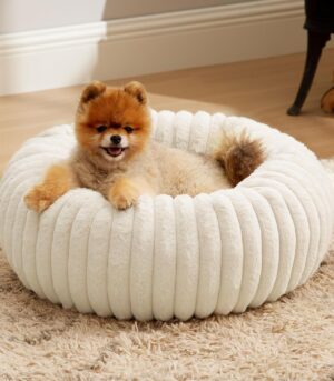 Donut Small Dog Bed - Dog Beds for Small Dogs with Corduroy Fleece & Anti Slip Bottom, Round Faux Fur Pet Beds with Washable Removable Cover, Cream, 23x23x8 inches