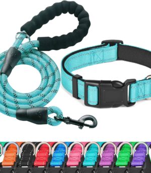 Reflective Dog Collar Padded with Soft Neoprene Breathable Adjustable Nylon Dog Collars for Small Medium Large Dogs (Medium (Pack of 1), Blue Collar+Leash)