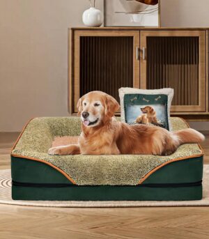 Large Dog Sofa Bed with Pillow, Orthopedic Pet Bed Elevated Couch with Removable Washable Cover Green 40x24x6.5 in