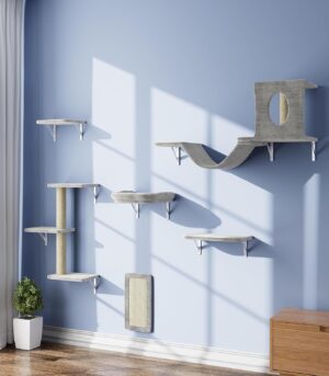 Wall Mounted Cat Furniture Set - 6 Pcs Climber Set with House, Bridge, Steps, Scratcher Board - DIY Walls Playground, Indoor Cat Shelves - Gray