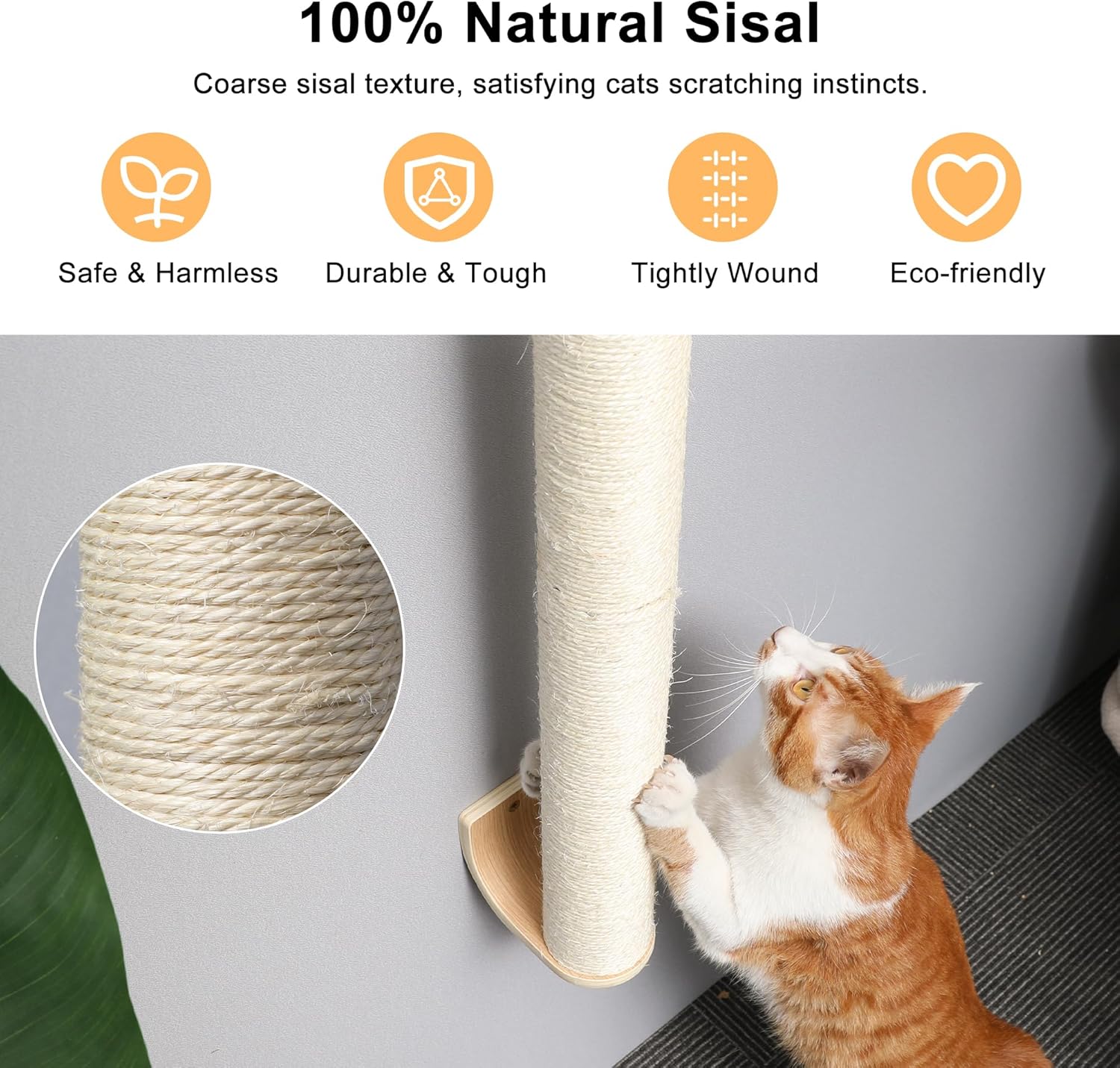 Cat Wall Scratcher, 28" Wall Mounted Kitten Scratching Post, Sturdy Sisal Climbing Tree for Indoor Cats - Image 2