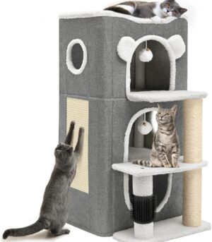 3-Tier Cat House, Cat Beds for Indoor Cats, Modern Cat Condo with Highway Cave, Scratch & Itching Post, Climbing Stand, Cat Cube Playhouse for Multi Kittens, Grey