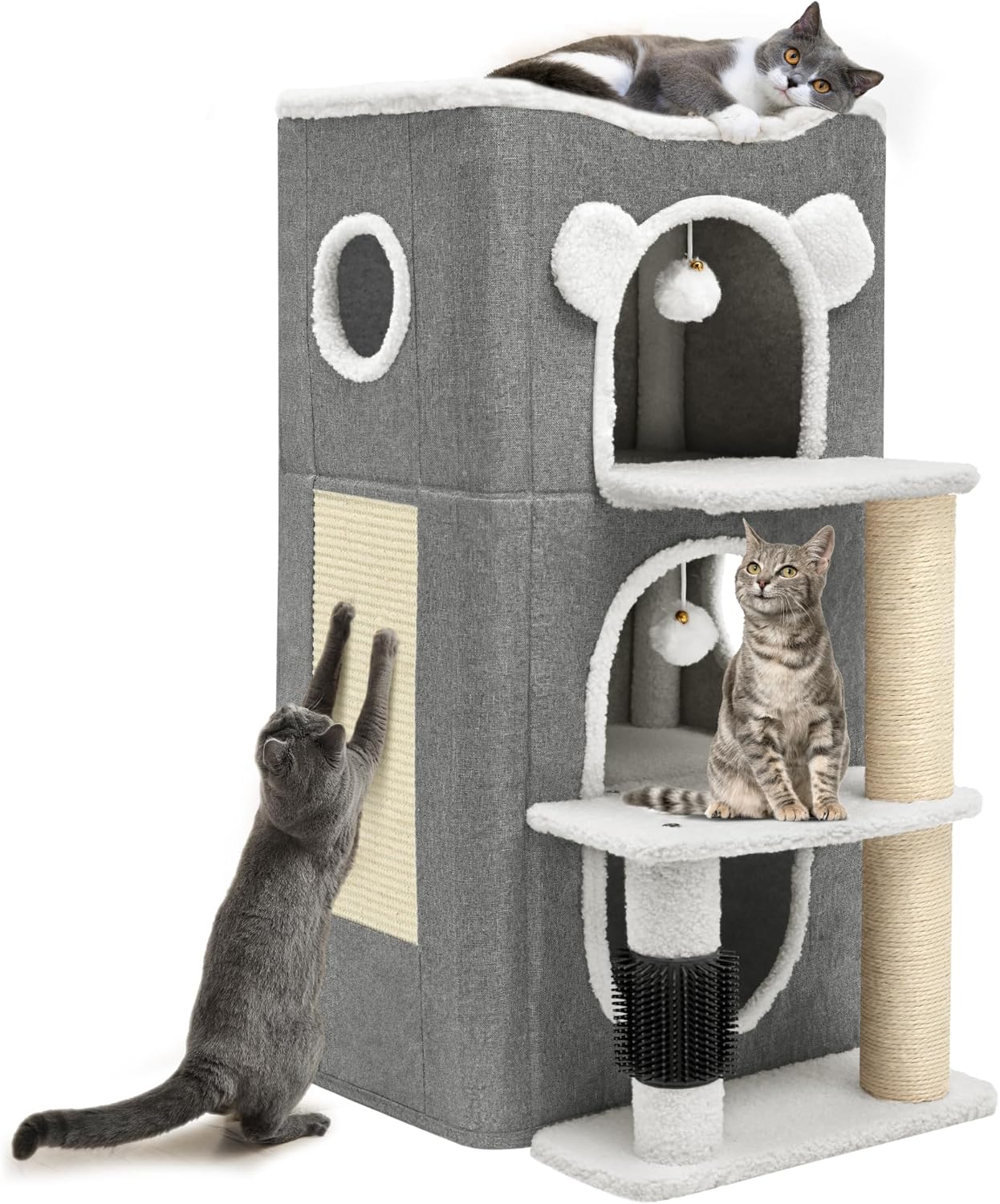 3-Tier Cat House, Cat Beds for Indoor Cats, Modern Cat Condo with Highway Cave, Scratch & Itching Post, Climbing Stand, Cat Cube Playhouse for Multi Kittens, Grey