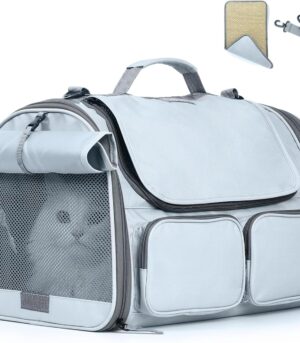 Cat Carrier, Soft-Sided Small Dog Carrier, Large Cat Travel Bag with 4 Mesh Windows, Under 15 lb Airline Approved Pet Carrier with 4 Storage Pockets, Rollable Cover for Nervous Cats, Grey