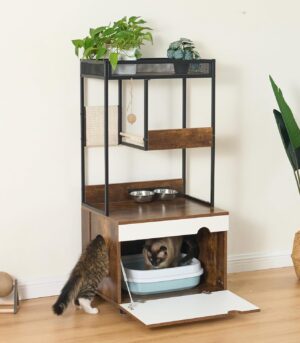 Cat Furniture Cabinet, Cat Tower, Cat Litter Box Enclosures with Cat Tree Tower, Cat Climbing Frame, Cat Furniture, Cat Cabinet (White+Vintage)