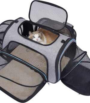 4 Sides Expandable Pet Carrier, Airline Approved Soft-Sided Dog Cat Carrier Bag with Fleece Pad for Cats, Puppy and Small Animals (4 Extension Gray_Blue, L:18.0" L x 11.0" W x 11.0" H)
