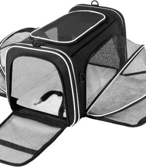 Airline Approved Large Pet Travel Carrier,4 Sides Expandable with 2 Mesh Pockets,3 Entry, Soft Sided Collapsible Dog Carrier for 2 Cats,Kittens,Puppies,Dog, X-Large, Black & White